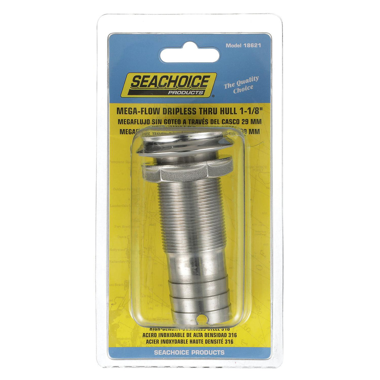 Seachoice Mega-Flow Dripless Thru Hull Fitting, 316 Stainless Steel, Fits 1-1/8 in. Hose, 1-1/2 in. Max. Hull