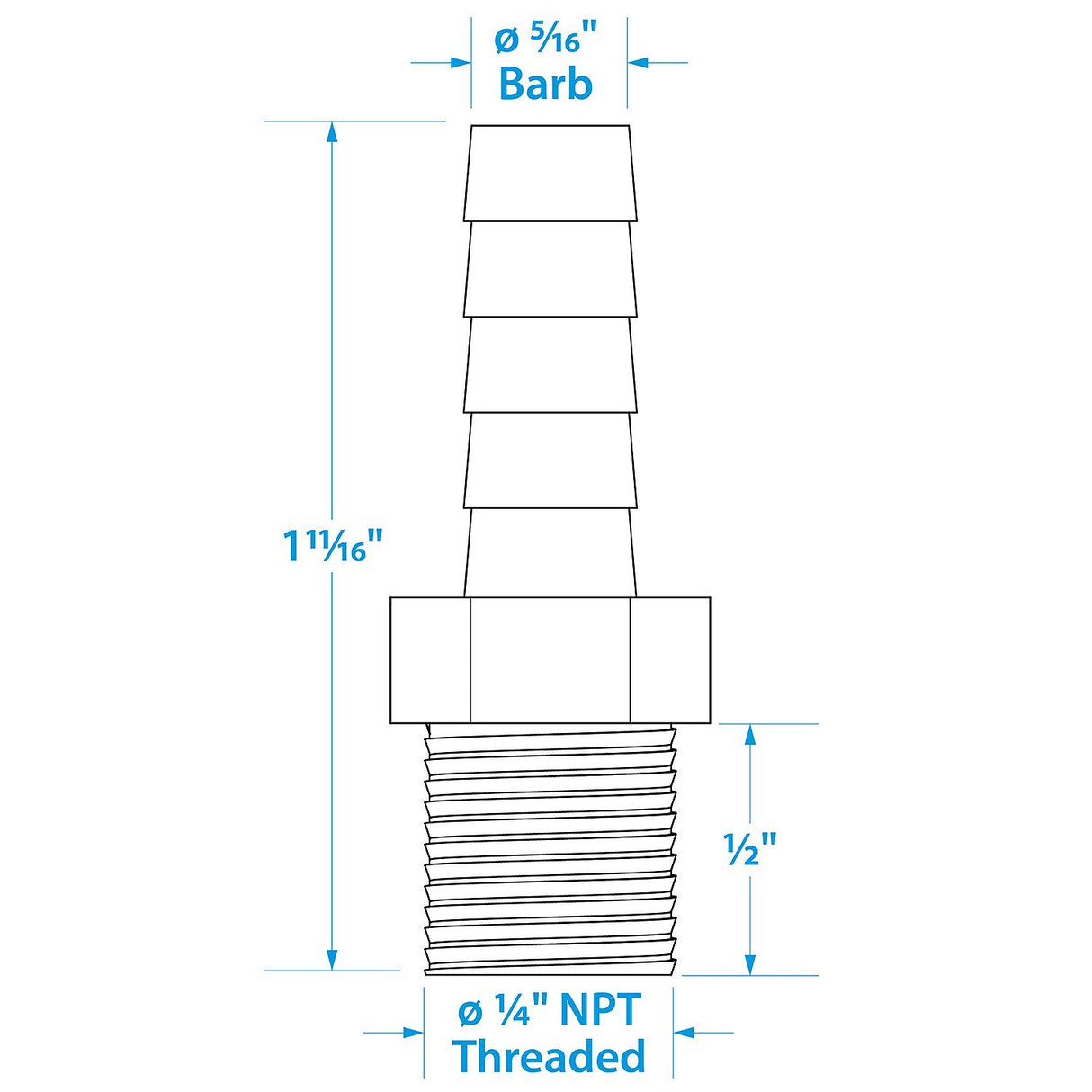 Seachoice Male Hose Barb, 5/16 In. With 1/4 In. Thread