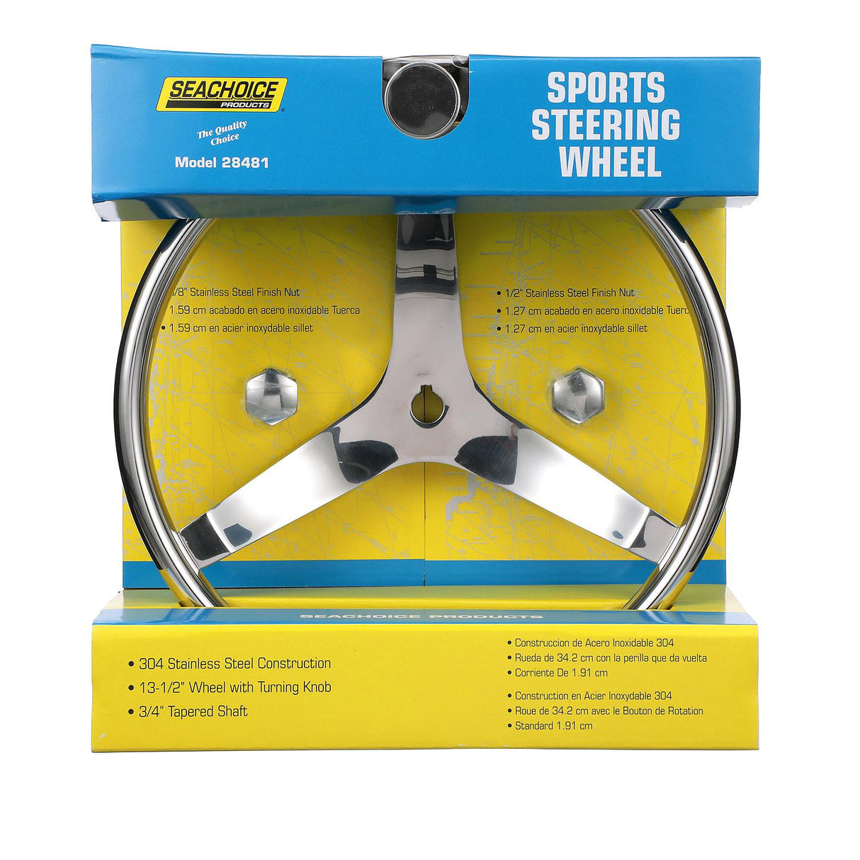 Seachoice 3 Spoke Sports Steering Wheel w/ Turning Knob, Fits 3/4-In. Tapered Shaft, 13.5-In. Diameter