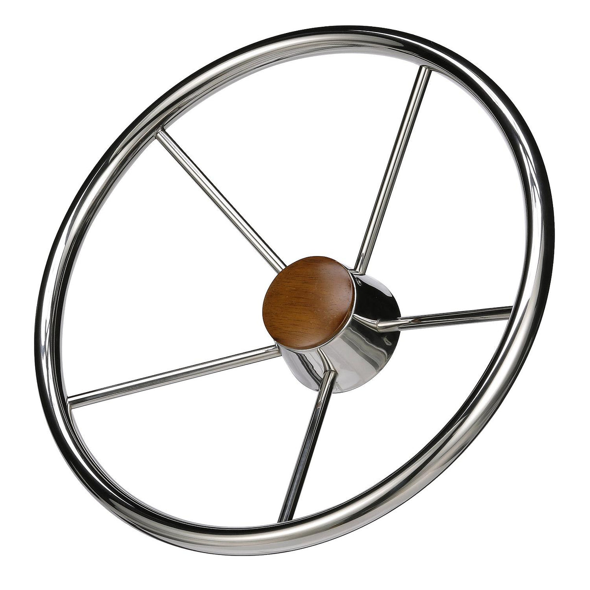 Seachoice 5-Spoke Destroyer Steering Wheel, Stainless Steel, Genuine Teak Center Cap