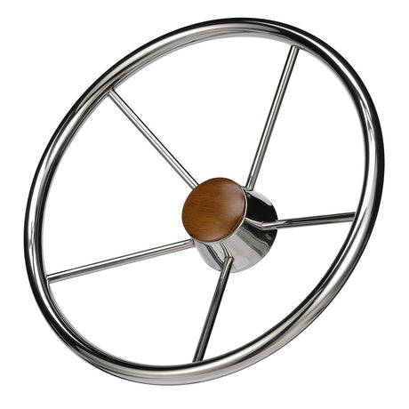 Seachoice 5-Spoke Destroyer Steering Wheel, Stainless Steel, Genuine Teak Center Cap