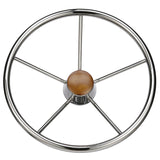 Seachoice 5-Spoke Destroyer Steering Wheel, Stainless Steel, Genuine Teak Center Cap