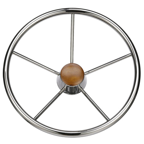 Seachoice 5-Spoke Destroyer Steering Wheel, Stainless Steel, Genuine Teak Center Cap