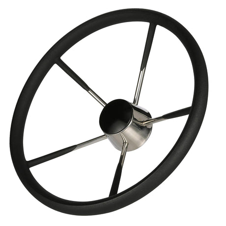 Seachoice 5-Spoke Destroyer Steering Wheel w/ Permanent Foam Grip, Stainless Steel, Black Center Cap