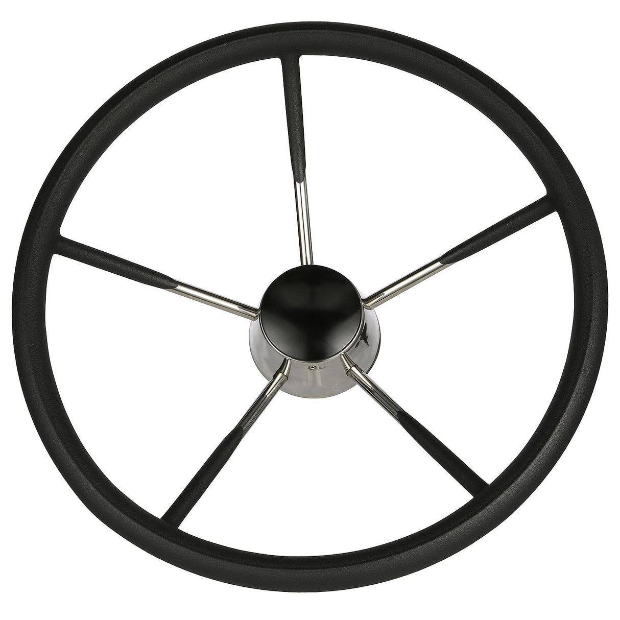 Seachoice 5-Spoke Destroyer Steering Wheel w/ Permanent Foam Grip, Stainless Steel, Black Center Cap