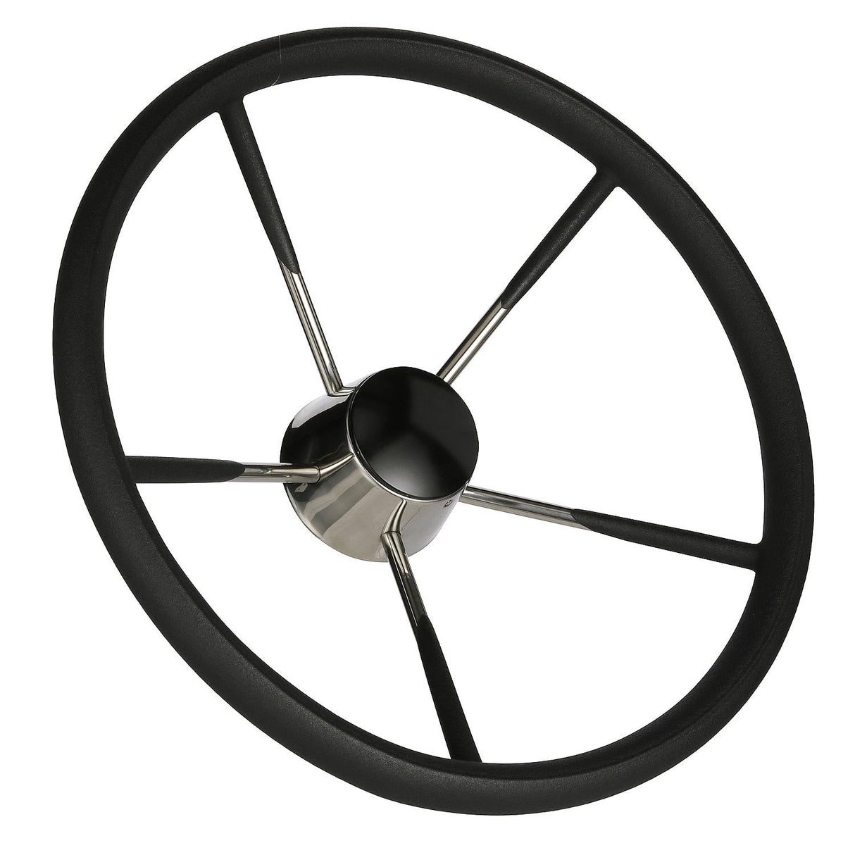 Seachoice 5-Spoke Destroyer Steering Wheel w/ Permanent Foam Grip, Stainless Steel, Black Center Cap