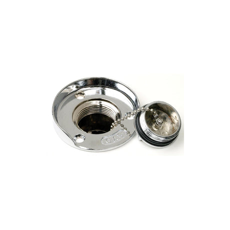 Seachoice Deck Mount Gas Fill Plate w/ Cap, Chrome-Plated Zinc, Includes Rubber Gasket and Beaded Chain Cap Tether