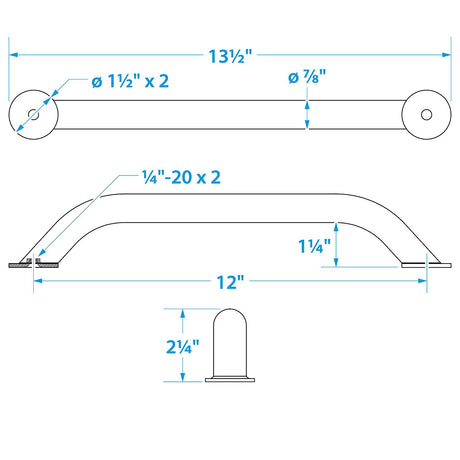 Seachoice Hand Rail, 12 in. Long, 304 Stainless Steel, Accepts 1/4-20 Bolts