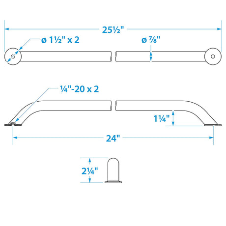 Seachoice Hand Rail, 24 in. Long, 304 Stainless Steel, Accepts 1/4-20 Bolts