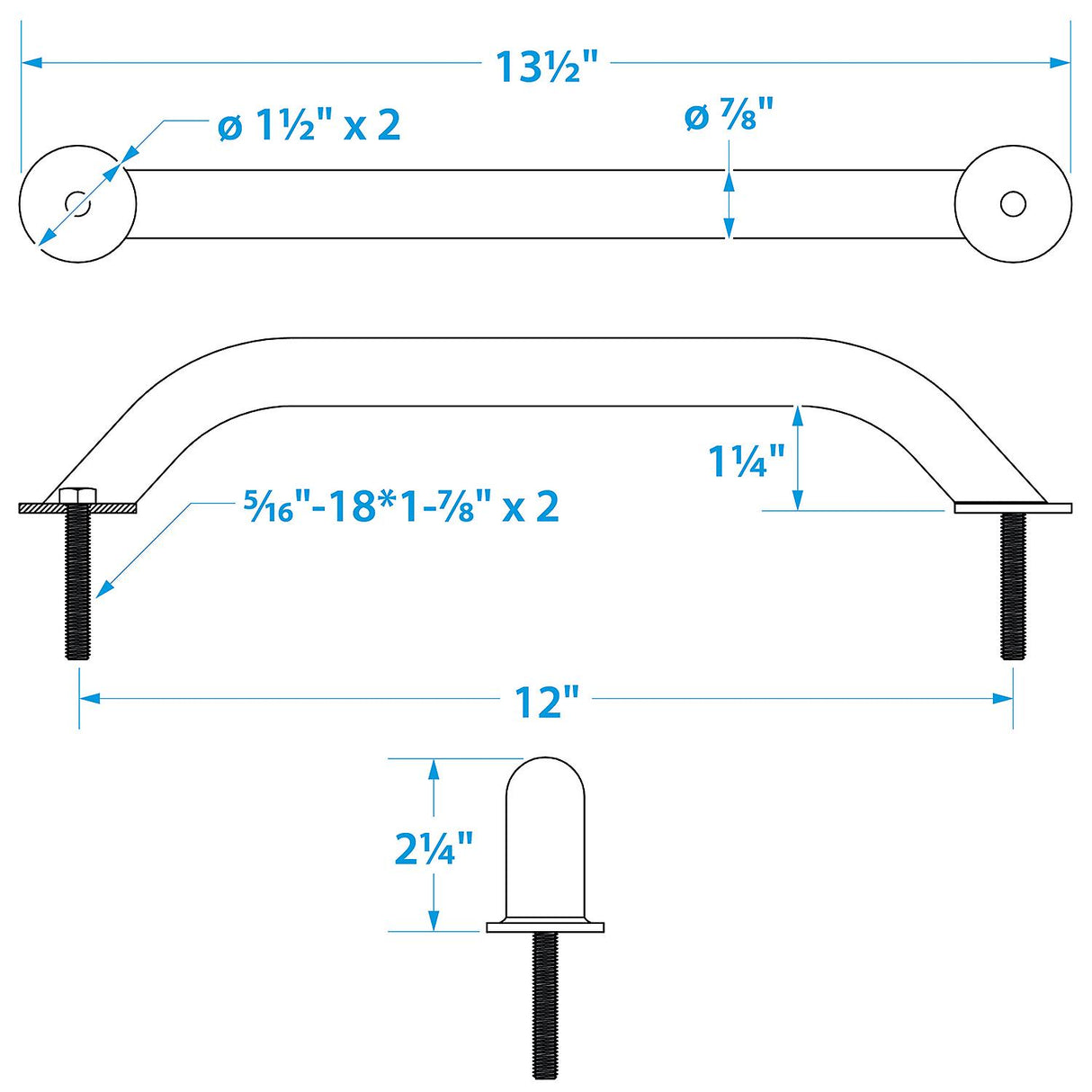 Seachoice Hand Rail w/ Studs, 12 In. Long, 304 Stainless Steel, 5/16-18 X 1-7/8 In. Studs