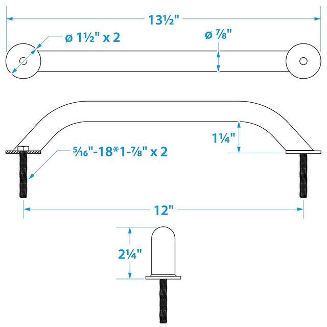 Seachoice Hand Rail w/ Studs, 12 In. Long, 304 Stainless Steel, 5/16-18 X 1-7/8 In. Studs