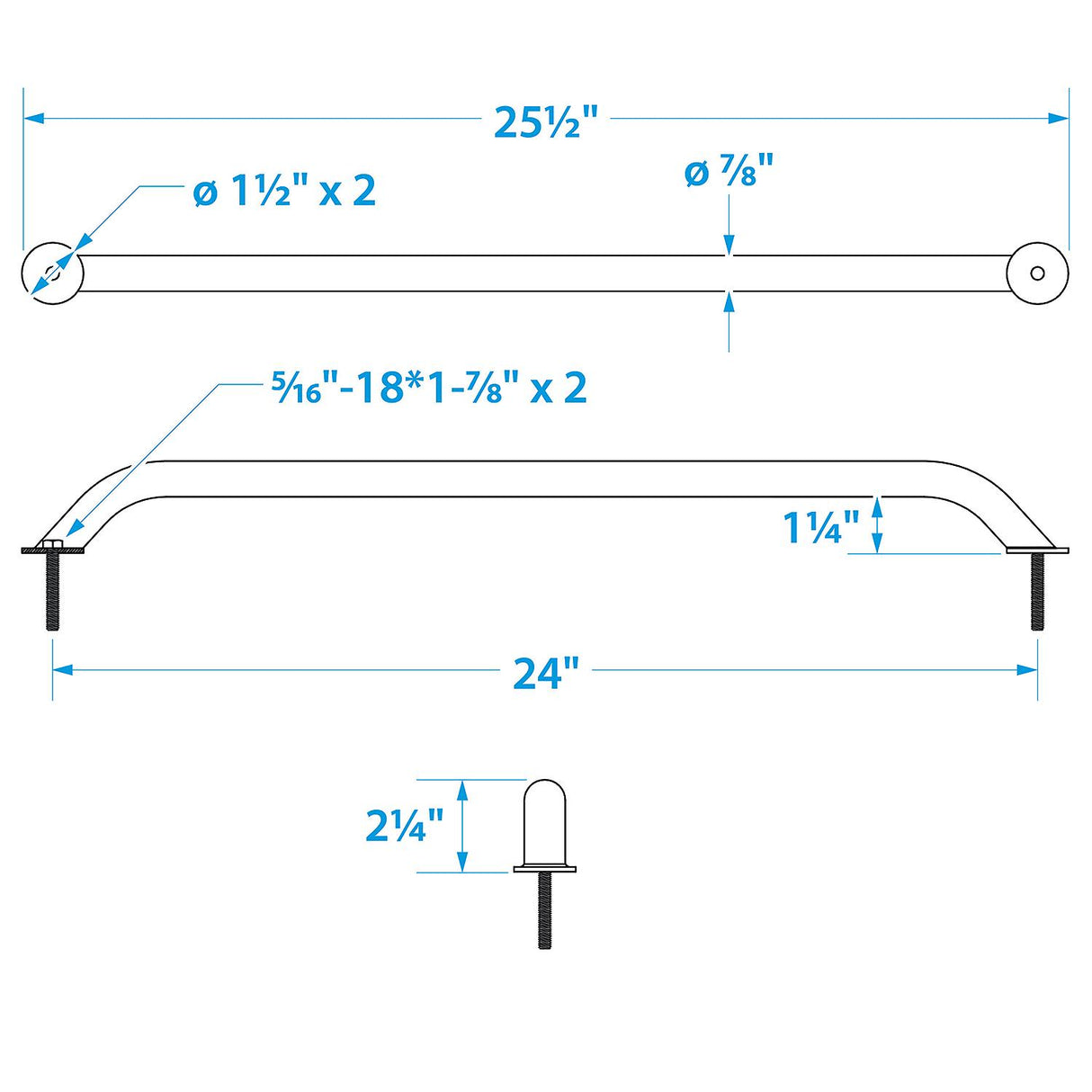 Seachoice Hand Rail w/ Studs, 24 In. Long, 304 Stainless Steel, 5/16-18 X 1-7/8 In. Studs