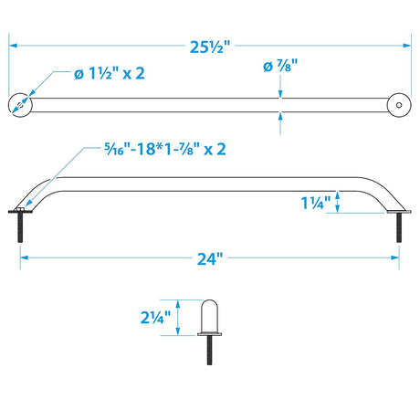Seachoice Hand Rail w/ Studs, 24 In. Long, 304 Stainless Steel, 5/16-18 X 1-7/8 In. Studs