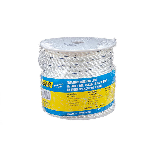 Seachoice 47731 Boat Anchor Line Rope, 3-Strand Twisted, Nylon, White/Blue, 1/2 in. X 100 Ft.