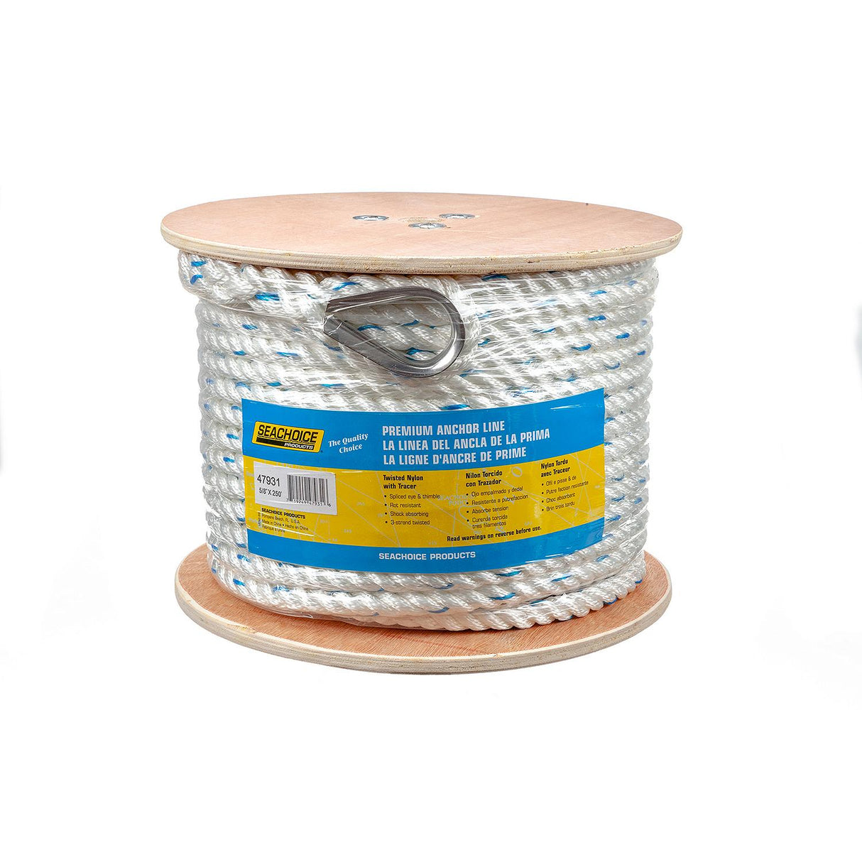 Seachoice 47931 Boat Anchor Line Rope, 3-Strand Twisted, Nylon, White/Blue, 5/8 in. X 250 Ft.