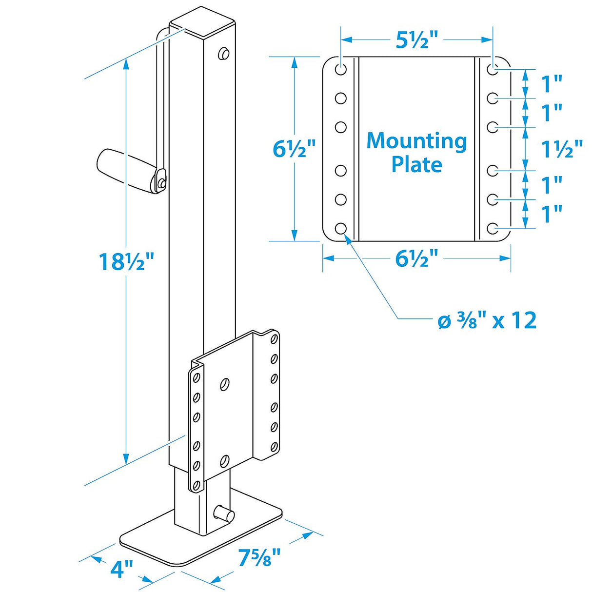Seachoice Heavy Duty Trailer Jack, Fixed Mount Jack w/ Drop Leg, 28.6 In. of Lift, Max Load 2,500 Lbs.