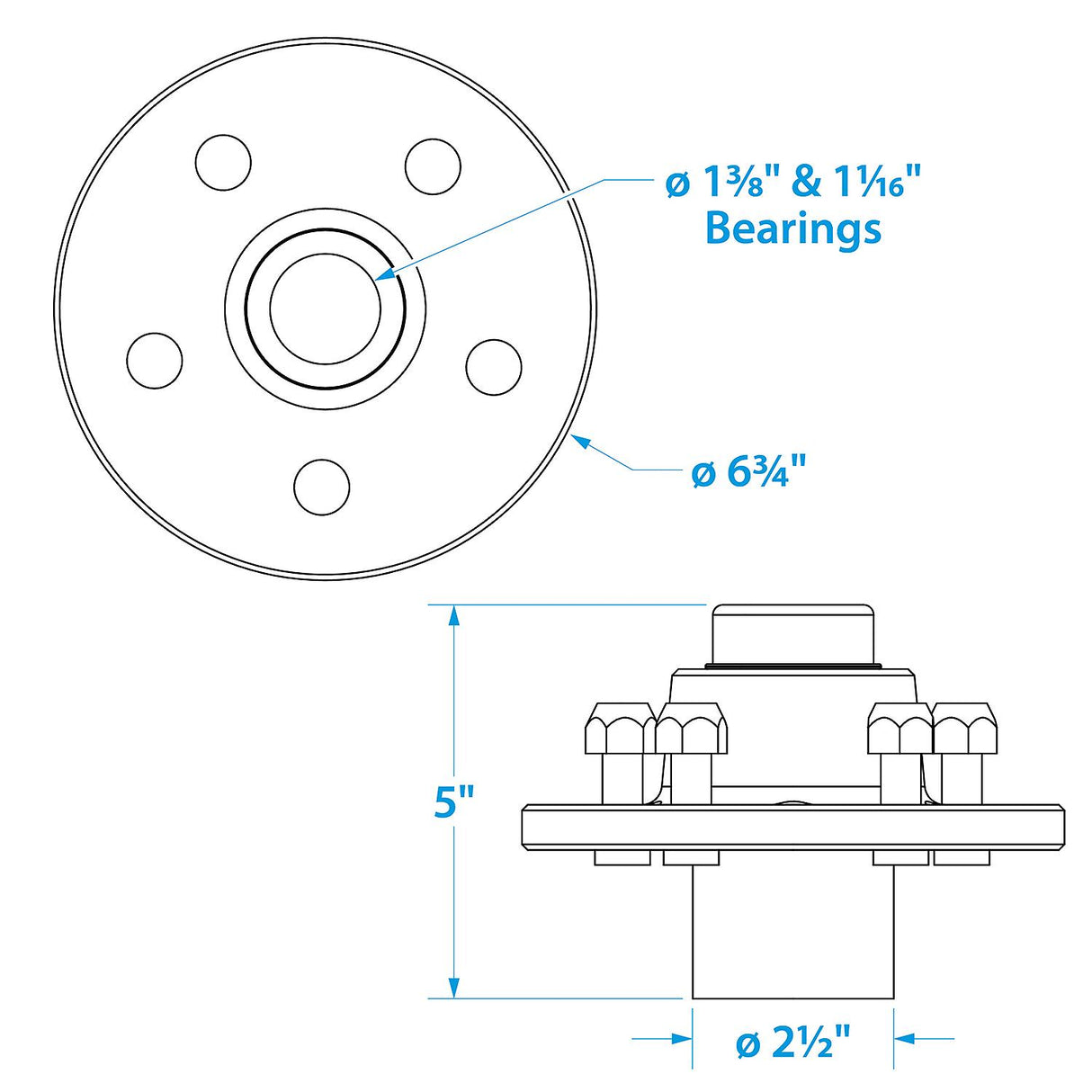 Seachoice 53101 Trailer Wheel Hub, 1-3/8 In. X 1-1/16 In. Axle, 5 Lug, Galvanized, Pregreased