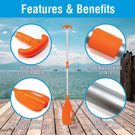 Seachoice 71090 Emergency Multi-Purpose Telescoping Boat Hook and Paddle, Orange, 18-31 In.