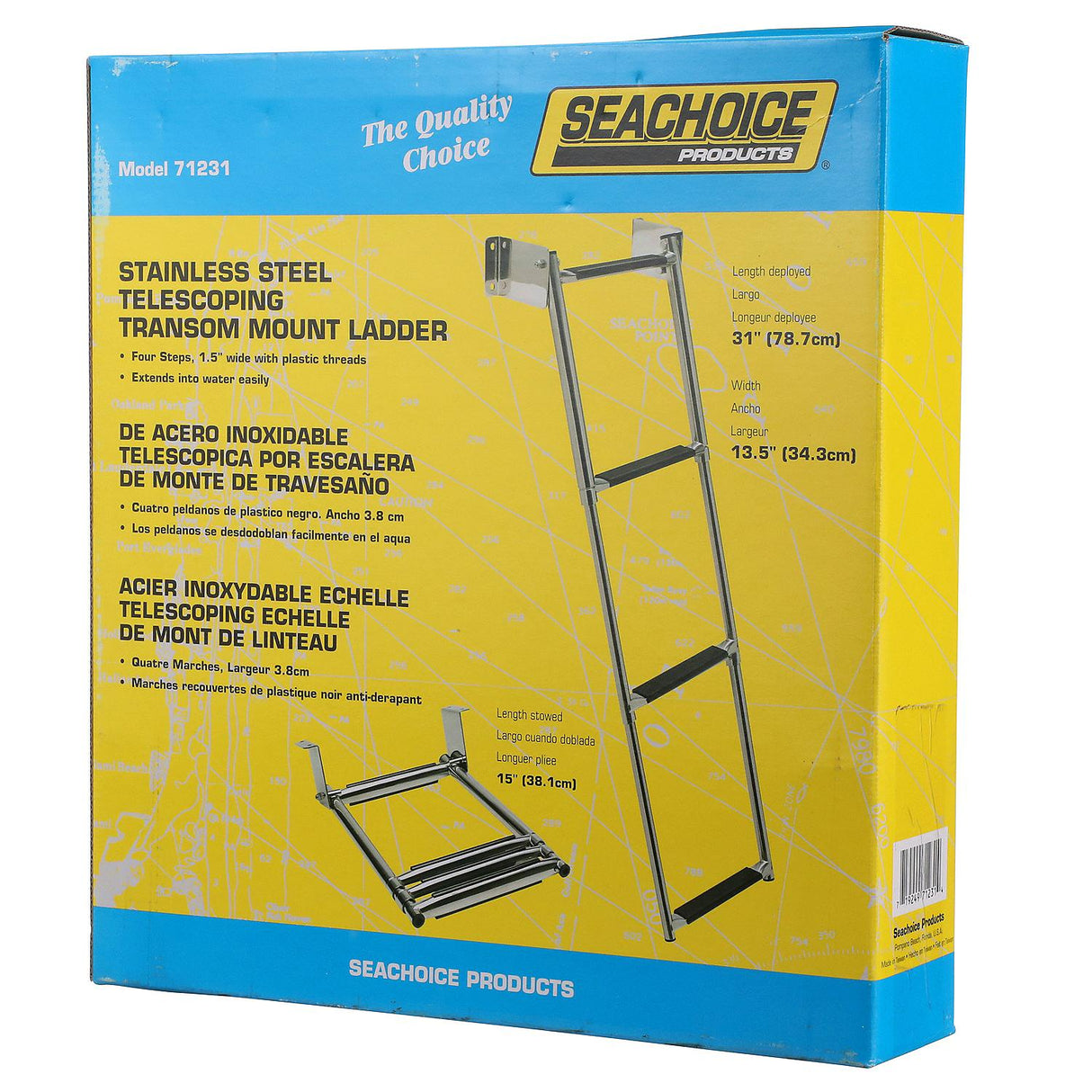 Seachoice Telescoping Transom Mount Ladder, Stainless Steel, 4 Steps, 300 Lb. Capacity