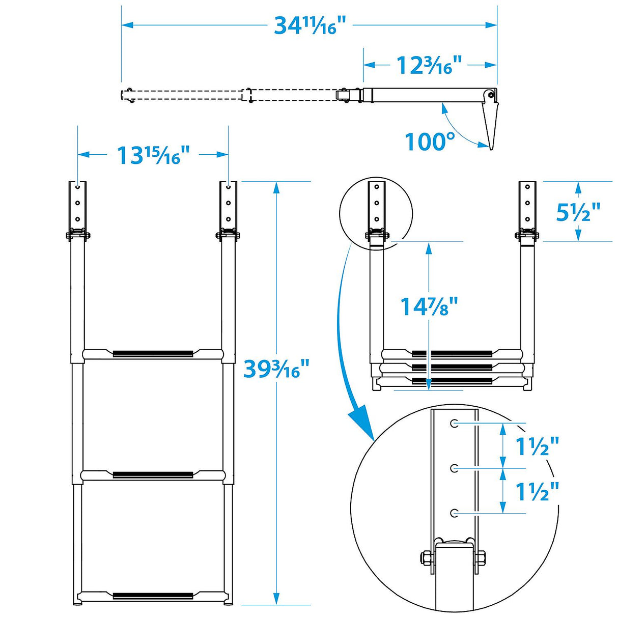 Seachoice 71301 Top Mount Telescoping Ladder for Universal Swim Platform, Stainless Steel Tubing, 3 Step, Ladder Only