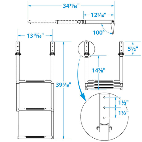 Seachoice 71301 Top Mount Telescoping Ladder for Universal Swim Platform, Stainless Steel Tubing, 3 Step, Ladder Only