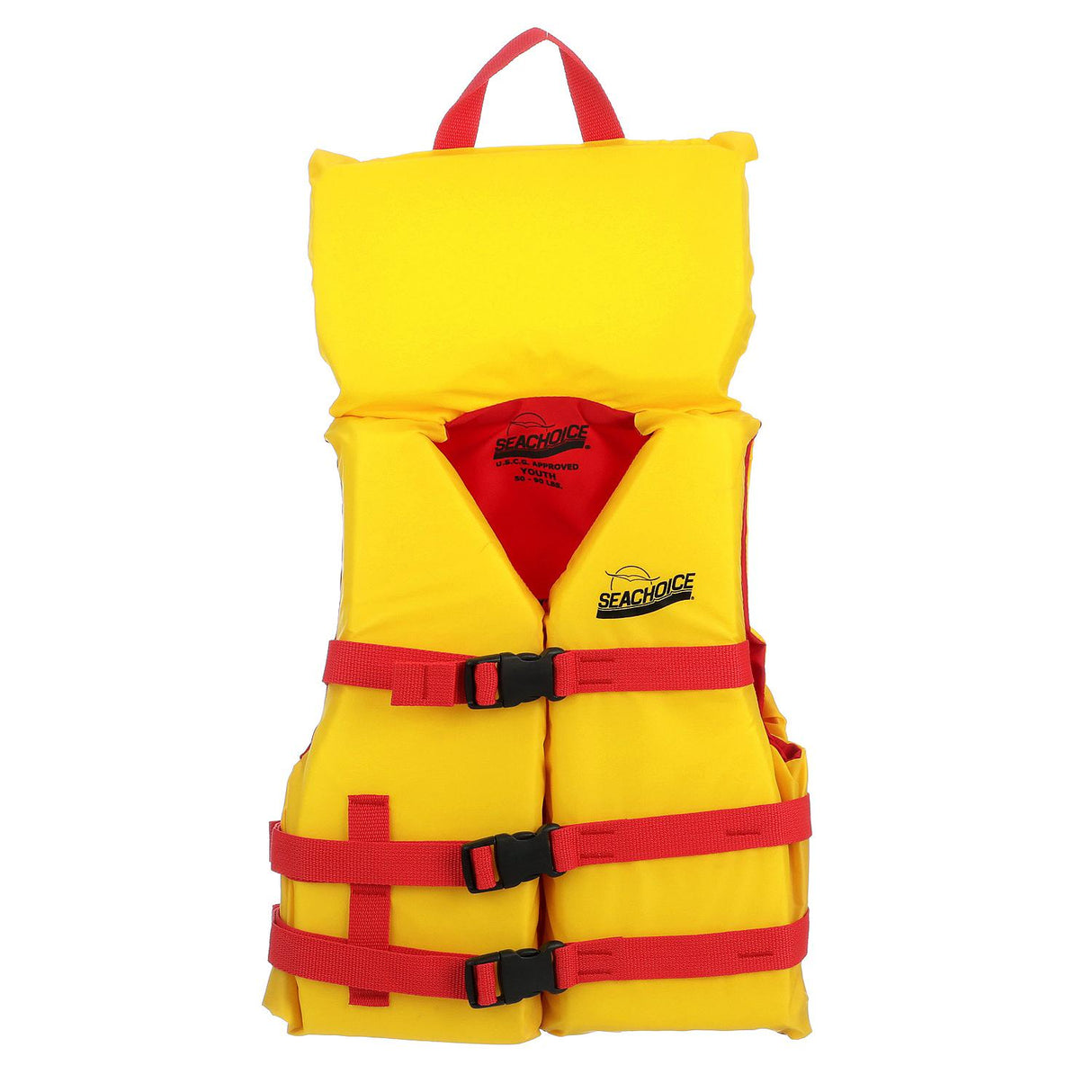 Seachoice 86120 Type II Deluxe Adjustable Boat Vest w/ Grab Handle, Bright Yellow and Red, Youth, 50-90 Lbs.