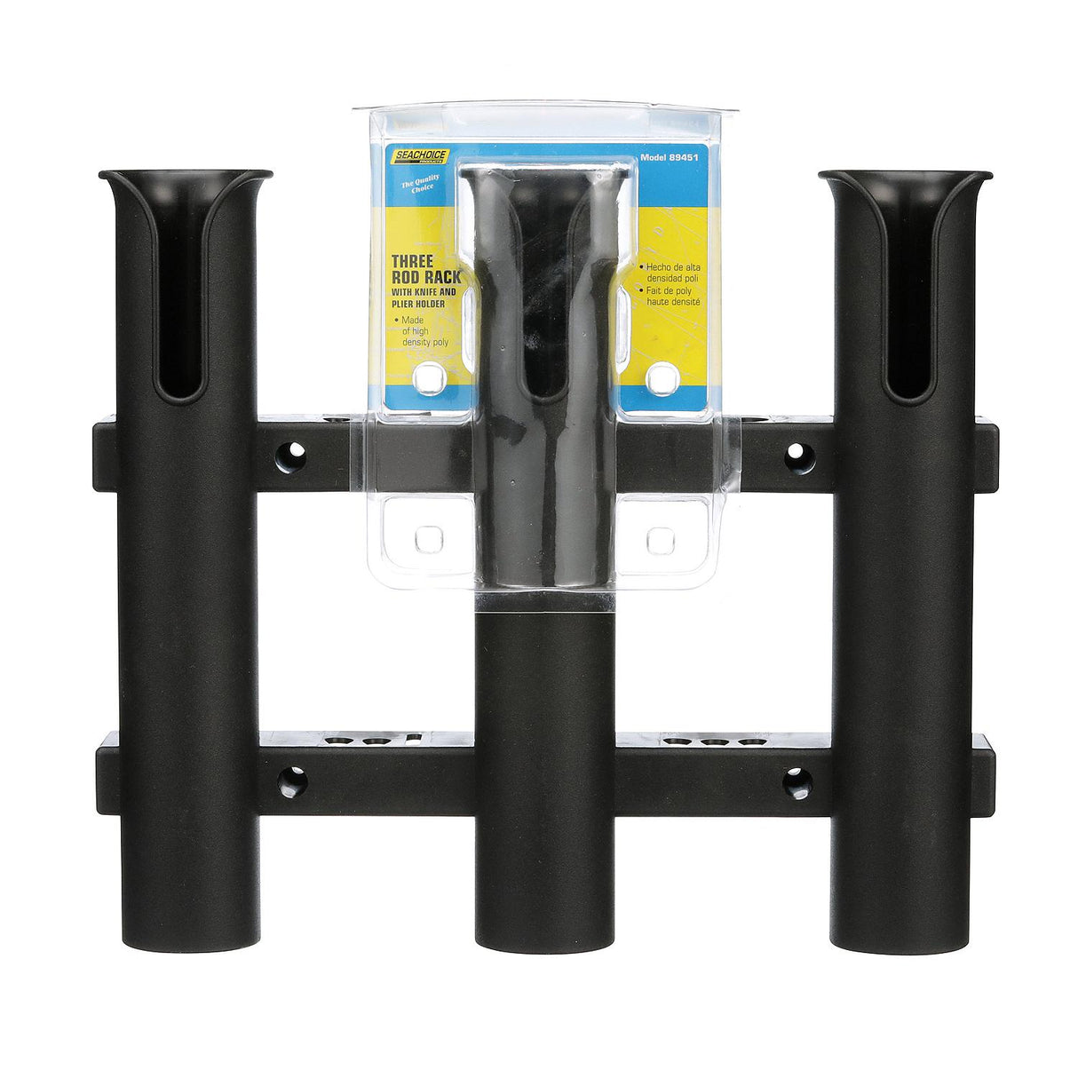 Seachoice Fishing 3-Rod Storage Rack, Holds 3 Fishing Rods with Slots for Knives and Pliers, Black