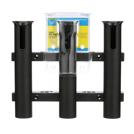 Seachoice Fishing 3-Rod Storage Rack, Holds 3 Fishing Rods with Slots for Knives and Pliers, Black