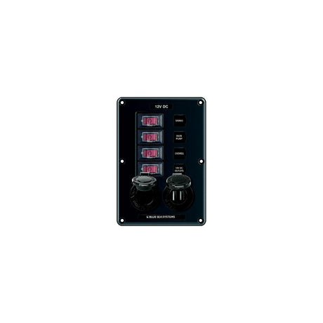 Blue Sea 4321 Water-Resistant Circuit Breaker Switch Panel, 4 Position w/12V Socket & Dual USB Charger