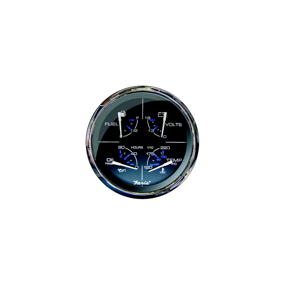 Faria F33751 Chesapeake Black Stainless Steel Multifunction Gauge: Fuel Level, Oil psi, Water Temp, Voltmeter