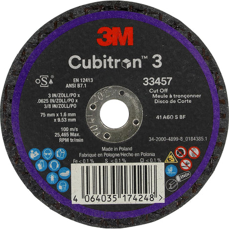 3M 33457 Cubitron™ 3 Cut-Off Wheel, Quantity: 5, 3" x .0625" x 3/8"