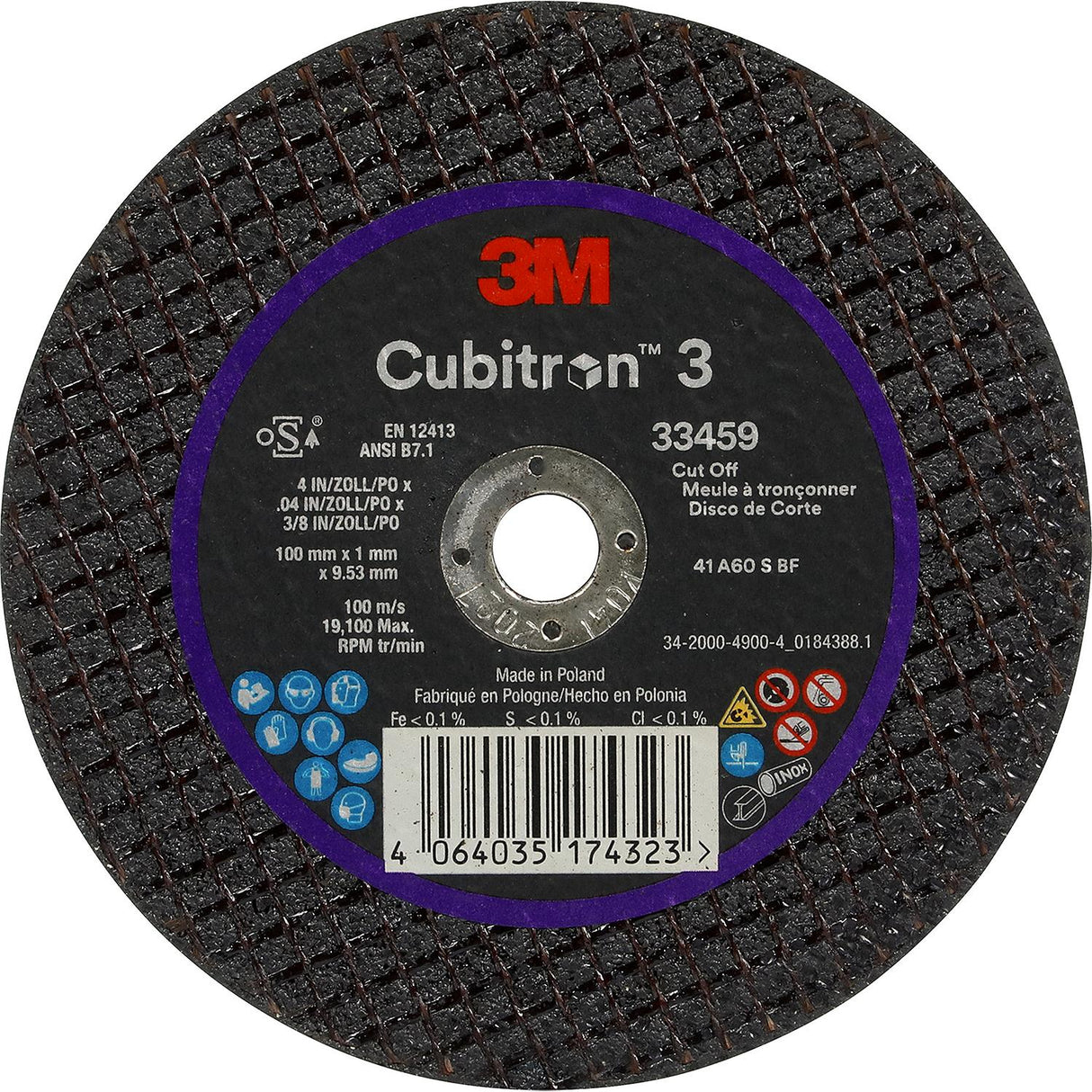3M 33459 Cubitron™ 3 Cut-Off Wheel, Quantity: 5, 4" x 0.04" x 3/8"