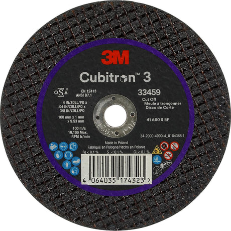 3M 33459 Cubitron™ 3 Cut-Off Wheel, Quantity: 5, 4" x 0.04" x 3/8"