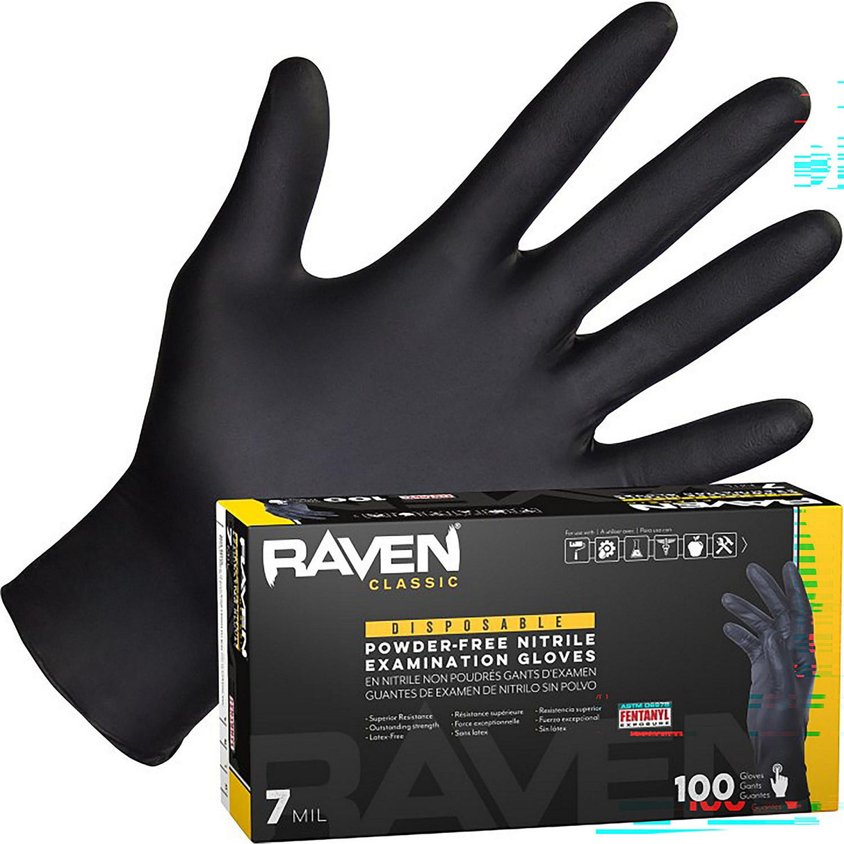 Raven Safety, 66519, Nitrile 7mil Blk Glove L 100/bx, Nitrile, 7 mil, 9.5", Exam, Black, 9.25 x 5.25 x 3.75