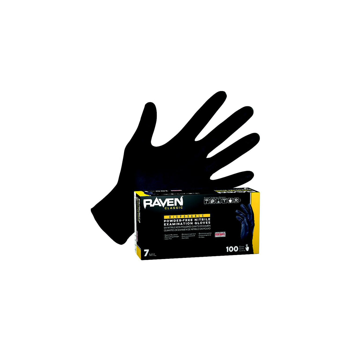 Raven Safety, 66518, Nitrile 7mil Blk Glove L 100/bx, Nitrile, 7 mil, 9.5", Exam, Black, 9.25 x 5.25 x 3.75